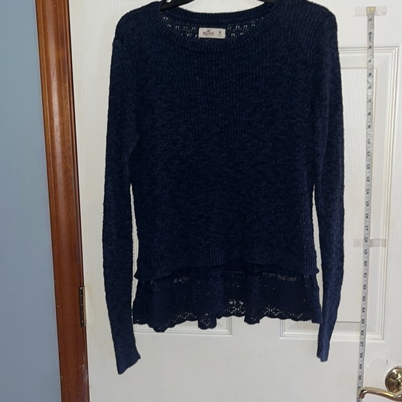 Hollister-medium-navy blue, thin knit sweater. Lacy details at the bottom. - Picture 1 of 9